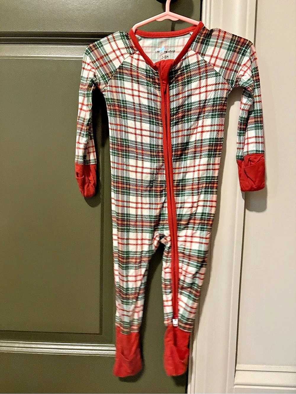 little one shop Plaid Christmas Bamboo Zip Footie Green & Red Baby 3-6M